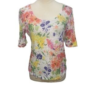 Lauren Ralph Lauren Linen Scoop Neck Multi-Colored Short  Sleeve Floral Top PM